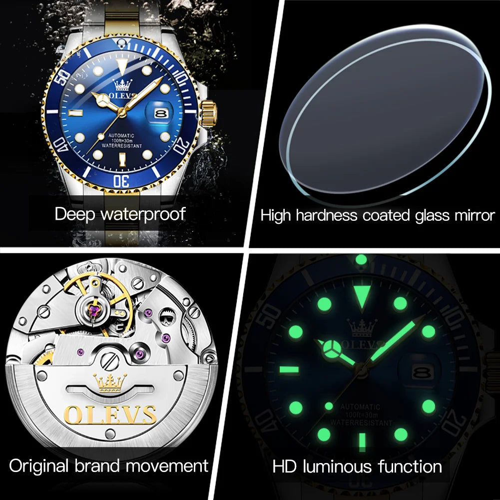 Montre pour homme OLEVS 6650 : montre mécanique automatique classique d'origine pour homme, cadran en zircon, étanche, luminescente, en acier inoxydable
