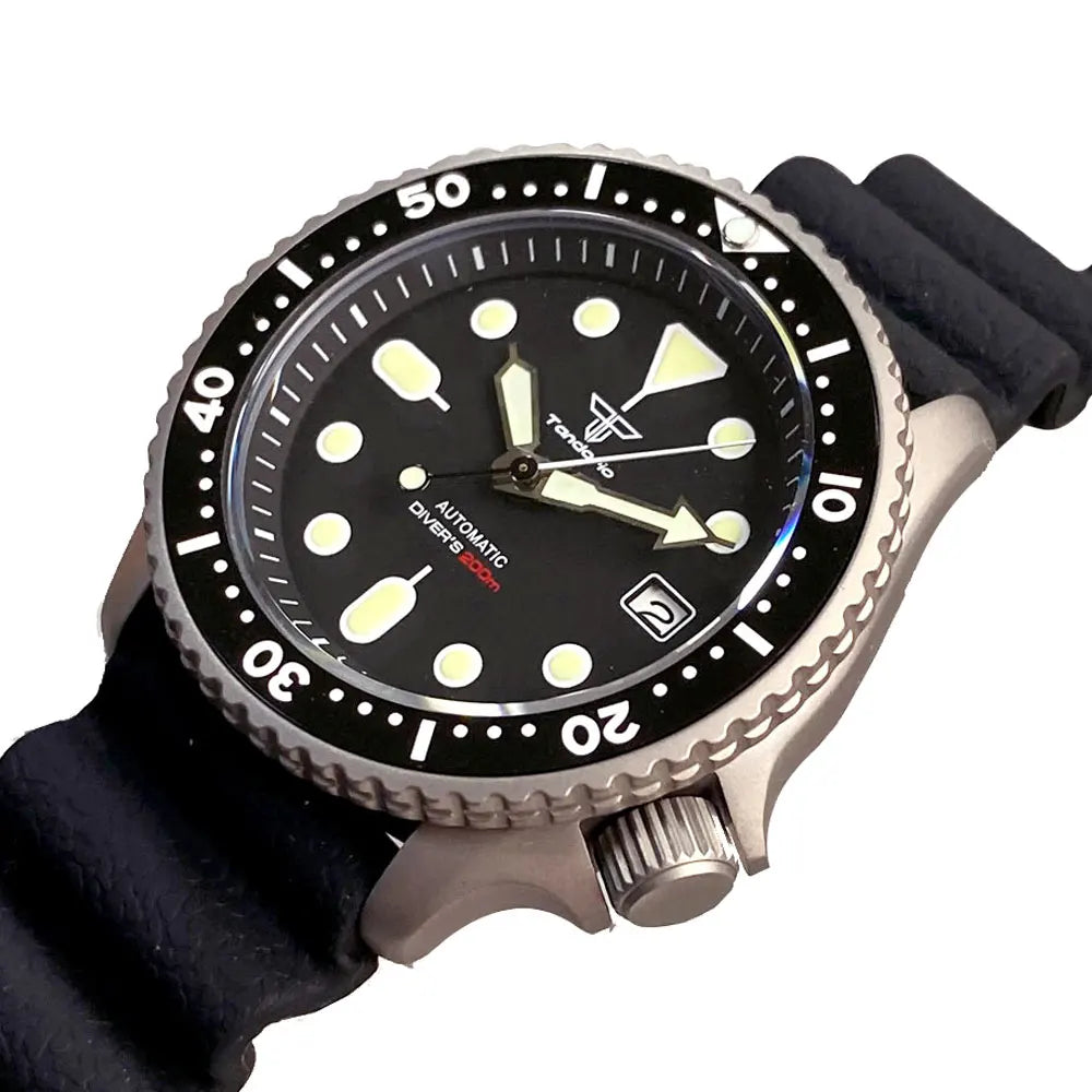 Titanium Diver NH35A Black Automatic 200M Men Watch Sapphire Glass 3.8 o'clock Date Rubber Black Ceramic Bezel