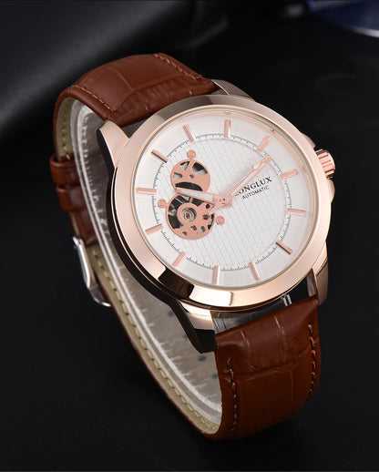 Automatic Watch Minimalist Elegant Everyday Skeleton Waterproof Mechanical Watches Rose Gold Leather Mens Watch Men Gift for Him