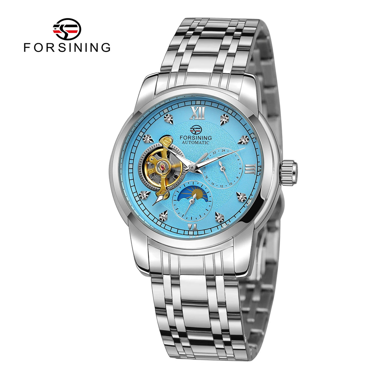 Reloj mecánico automático para hombre Forsining: estilo de lujo, ejecutivo y moderno; brazalete de metal; tourbillon; agujas luminiscentes; adornado con diamantes sintéticos