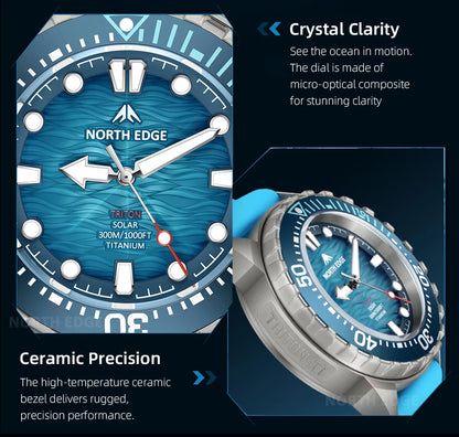 NORTH EDGE TRITON-TI Titanium Stainless Solar-Powered Diving Watch Luxury Quartz Watches For Men 300M Waterproof 180+ Day Power