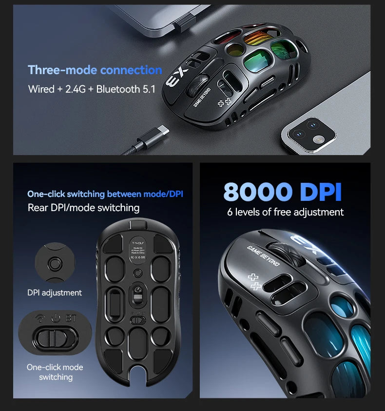 3-Mode Wireless Gaming Mouse with RGB Lighting, Lightweight Bluetooth Mouse, Rechargeable Esports Mouse for PC, Laptop & Gaming