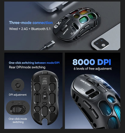 3-Mode Wireless Gaming Mouse with RGB Lighting, Lightweight Bluetooth Mouse, Rechargeable Esports Mouse for PC, Laptop & Gaming