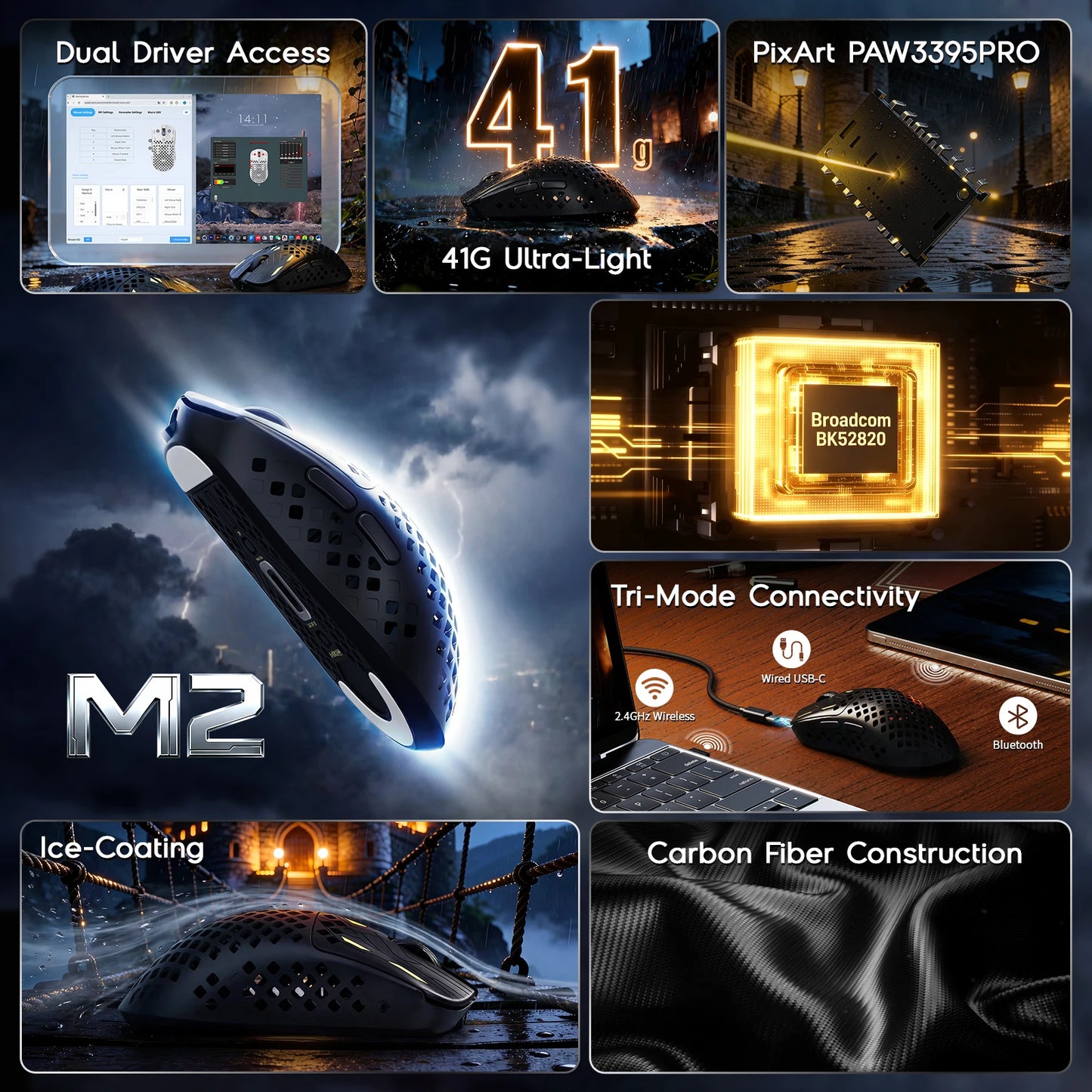 MAMBASNAKE M2 ultralätt trådlös gamingmus, PAW3395PRO-sensor 40000 DPI, 41g kolfiber, tre lägen