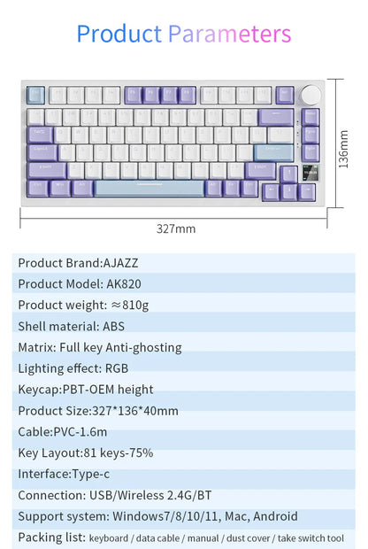 AJAZZ AK820 Pro Wireless Mechanical Gaming Keyboard Tri-Mode RGB Hot-Swappable 82-Key Compact Keyboard for PC, Mac & Laptop
