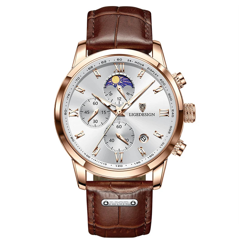 Montre pour homme LIGE – Chronographe sportif, style décontracté, bracelet en cuir, étanche, mouvement à quartz, design militaire