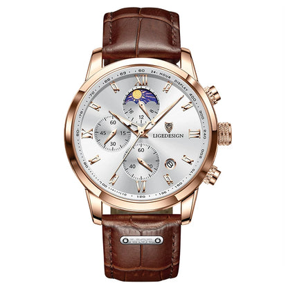 Montre pour homme LIGE – Chronographe sportif, style décontracté, bracelet en cuir, étanche, mouvement à quartz, design militaire