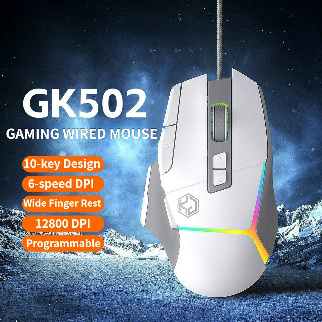 Xundler GK502 Wired Gaming Mouse RGB Lights, 12800 DPI Ergonomic Wired Gaming Mouse with 10 Programmable Macro Buttons for PC Gamers