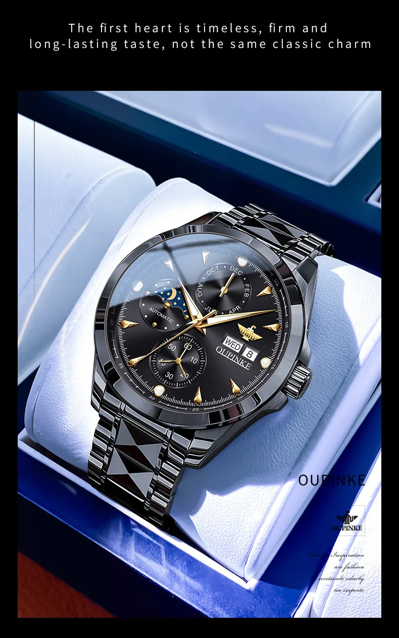 OUPINKE 3299 Automatic Man Watch Exclusive Dual Calendar Luxury Mechanical Wristwatches Moon Phase Waterproof Chronogprah Watch