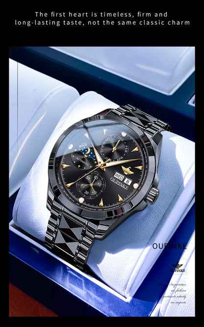 OUPINKE 3299 Automatic Man Watch Exclusive Dual Calendar Luxury Mechanical Wristwatches Moon Phase Waterproof Chronogprah Watch