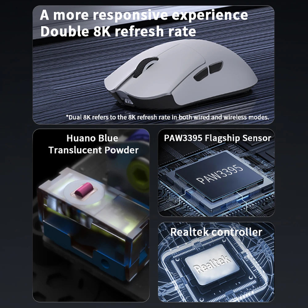 Souris gaming sans fil Darmoshark M3 V2 Tri-Mode 8K, capteur PAW3395, 26K DPI – Souris gaming ultra-légère pour PC et ordinateur portable