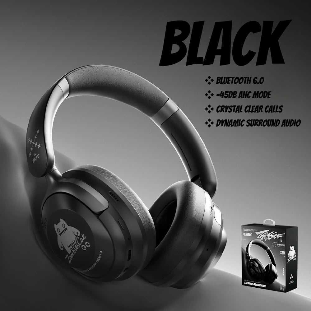 Zombies Cat S10 ANC Bluetooth Headphones with 45dB Noise Cancellation, HiFi Stereo Wireless Over-Ear Headset with Mic