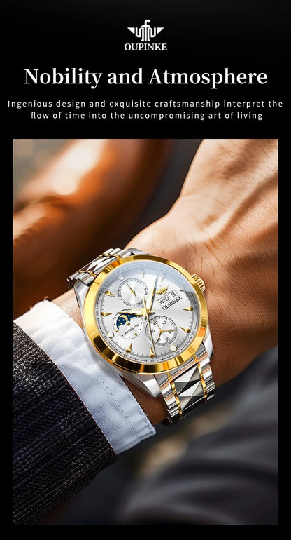 OUPINKE 3299 Automatic Man Watch Exclusive Dual Calendar Luxury Mechanical Wristwatches Moon Phase Waterproof Chronogprah Watch