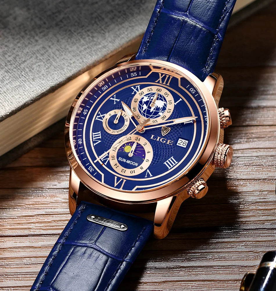 LIGE Luxury Man Wristwatch Waterproof Luminous Chronograph Watch for Men Leather Strap Men's Quartz Watches Reloj Hombre+Box