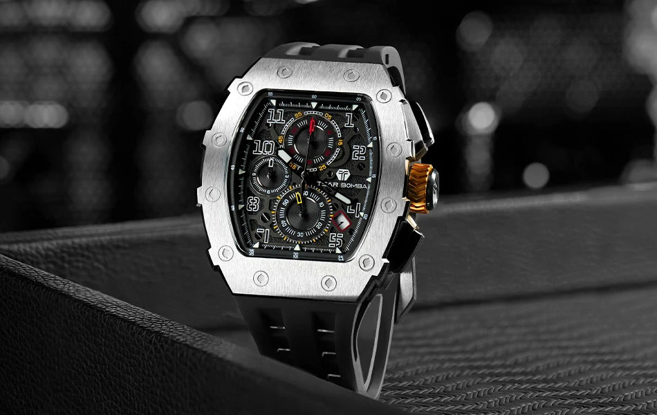 TSAR BOMBA Watch for Men Luxury Brand Tonneau Design Waterproof Clock Stainless Steel Wristwatch Fashion Rectangle Mens Watch