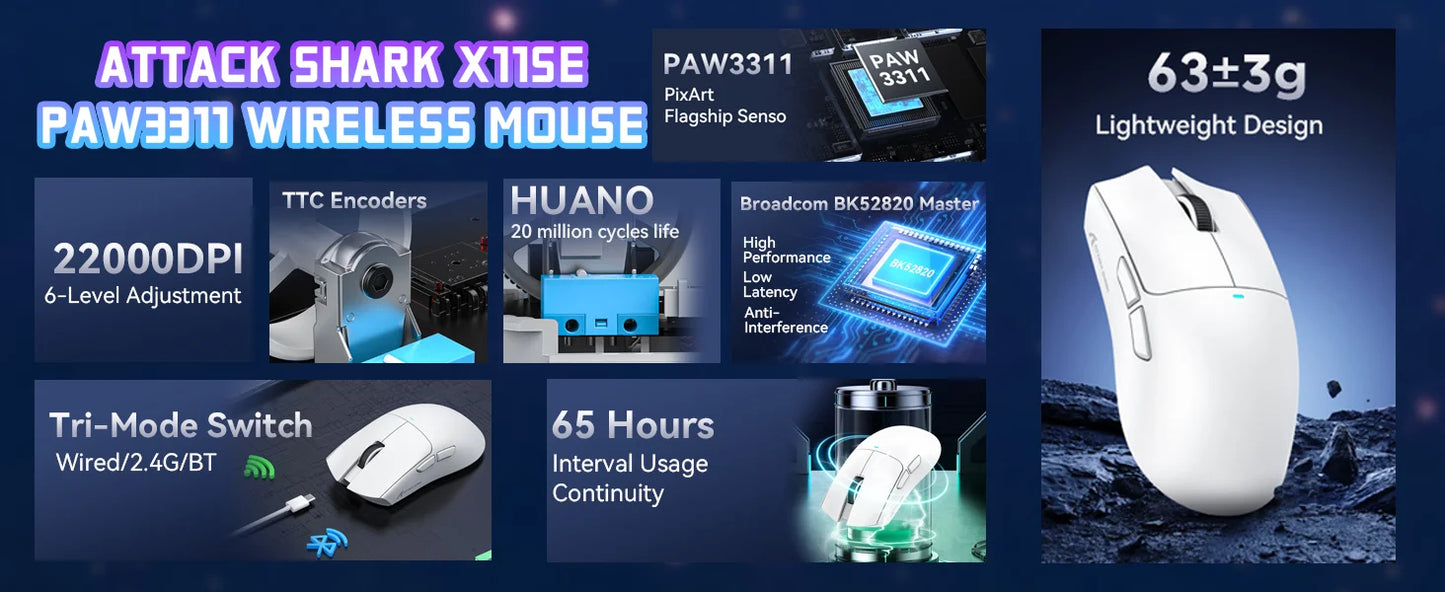 ATTACK SHARK X11SE Wireless Gaming Mouse Tri-Mode, 63g Superlight Gaming Mouse with PAW3311 Sensor, 22000 DPI, Bluetooth & 2.4GHz RGB Gaming Mouse