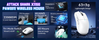 ATTACK SHARK X11SE Wireless Gaming Mouse Tri-Mode, 63g Superlight Gaming Mouse with PAW3311 Sensor, 22000 DPI, Bluetooth & 2.4GHz RGB Gaming Mouse