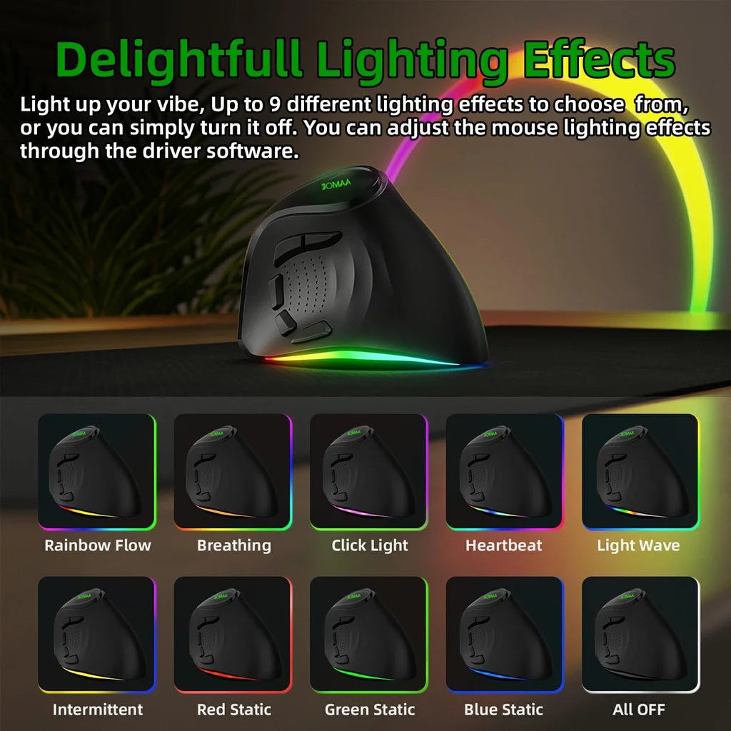JOMAA RGB Rechargeable Wireless Ergonomic Mouse, Bluetooth & 2.4G Vertical Wireless Mouse with 5 Side Buttons, 8400 DPI for PC, Laptop & Mac