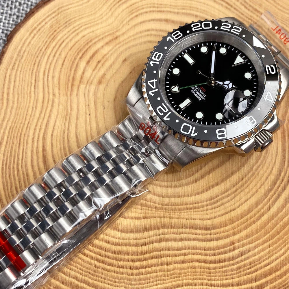 NH34A 200M Waterproof 40mm NH34 GMT Sapphire Luminous Automatic Movement Diving Watch Men Steel Bracelet Black Grey Insert