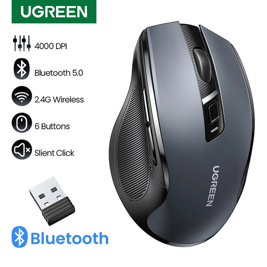 Mouse wireless UGREEN Bluetooth 5.0, ergonomic, 4000 DPI, 6 butoane silențioase, pentru MacBook, tabletă, laptopuri, computer PC, mouse 2.4G