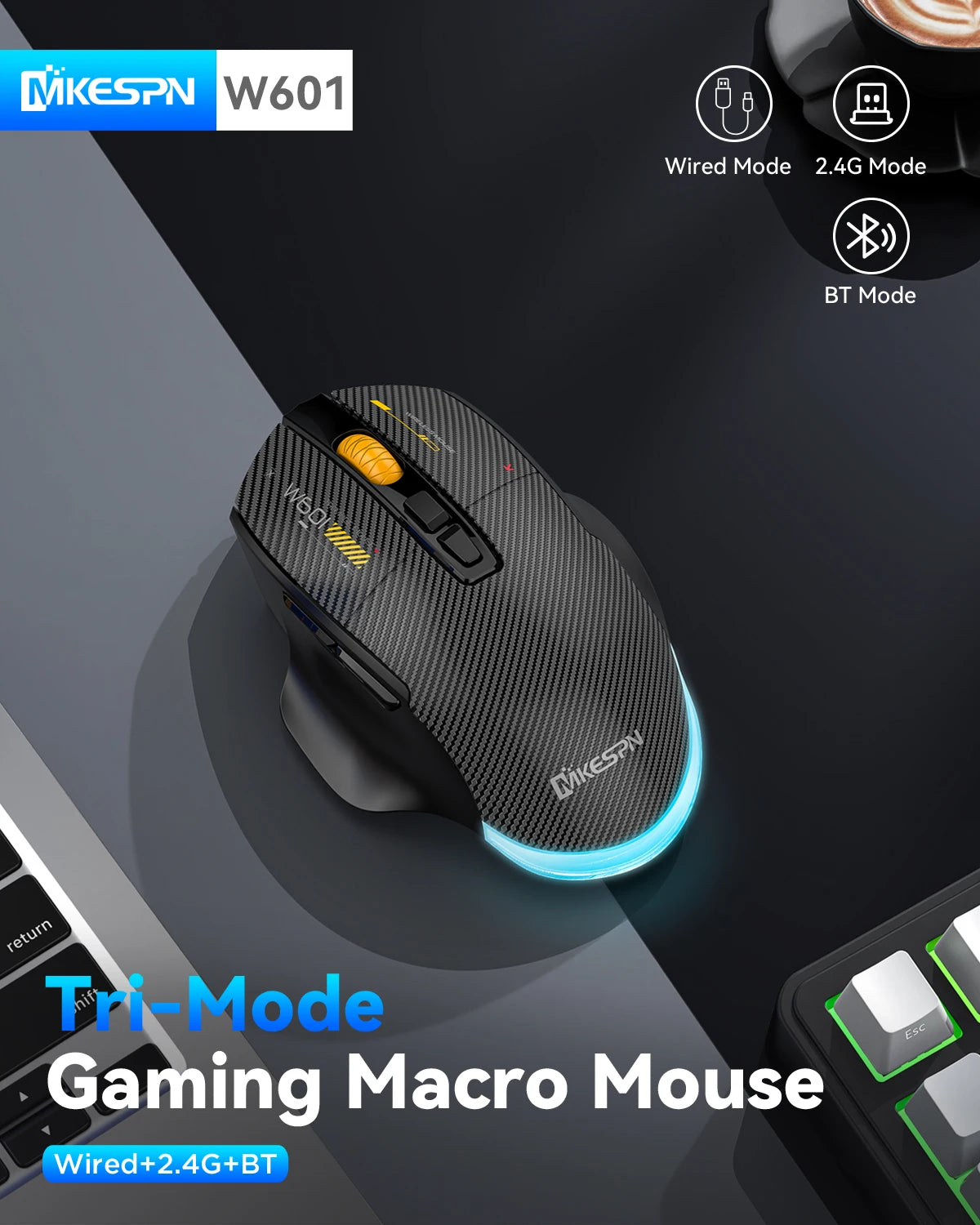 12800DPI Tri-Mode Wireless Gaming Mouse with Bluetooth, 2.4G & Wired Connection, Macro Programming, Carbon Fiber Design, 7 Keys Rechargeable Mouse