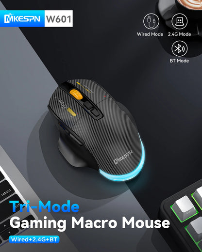 12800DPI Tri-Mode Wireless Gaming Mouse with Bluetooth, 2.4G & Wired Connection, Macro Programming, Carbon Fiber Design, 7 Keys Rechargeable Mouse
