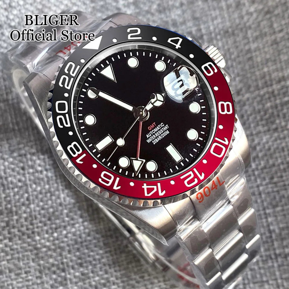 NH34A 200M Waterproof 40mm NH34 GMT Sapphire Luminous Automatic Movement Diving Watch Men Steel Bracelet Black Grey Insert