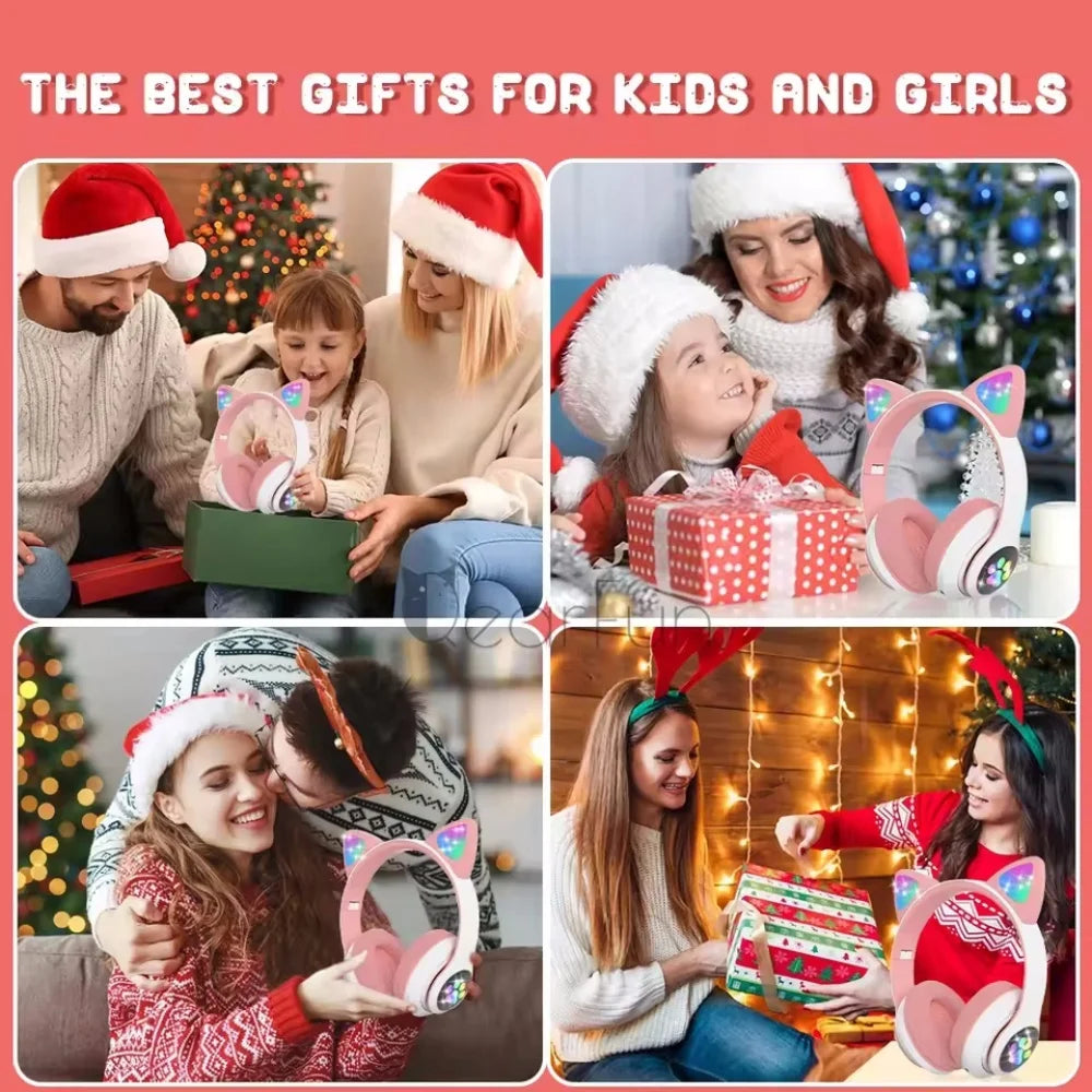 Cute Cat Ear Bluetooth Wireless Headphones with LED Lights – Kids Foldable Stereo Headset with Microphone, Bluetooth 5.0 Gaming & Music Headphones