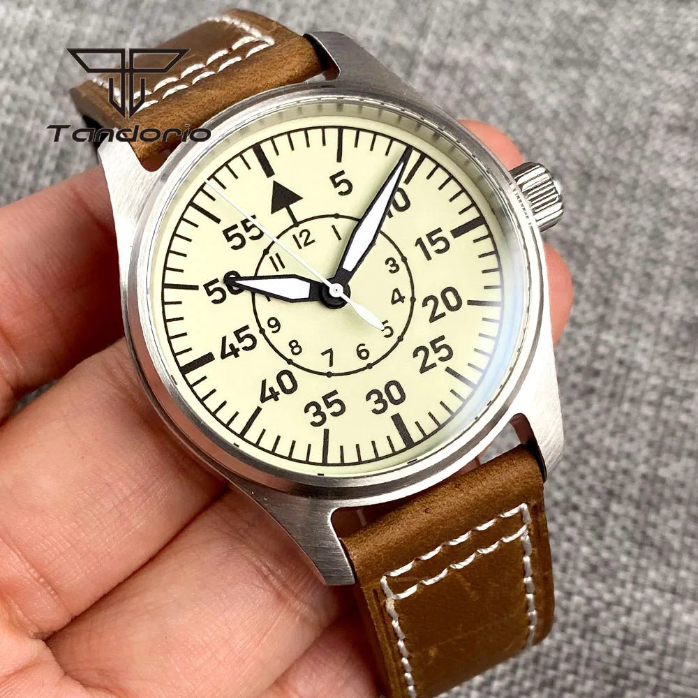 Tandorio Full Luminous Dial 39mm Men's Mechanical Pilot Watch Automatic Miyota 8215 PT5000 Steel Wristwatch AR Sapphire Crystal