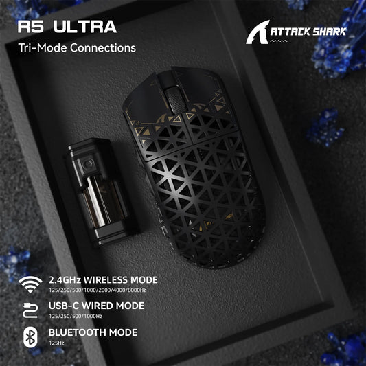 ATTACK SHARK R5 Ultra 8K bežični gaming miš od karbonskih vlakana sa senzorom 42000 DPI-PAW3950 MAX – 39g ultra lagan za Win/Mac