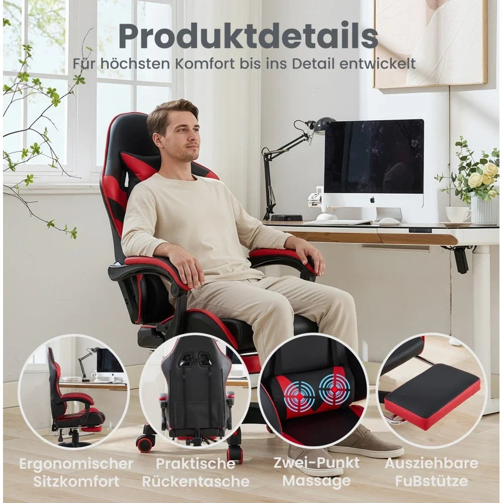 360 ° - Swivel Ergonomic Racing Design Gaming Chair Leather, Headrest and Lumbar Support for Office and Gaming - Black&Red