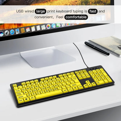 Wired Keyboard Yellow Large Character Keyboard for Elderly,High Compatibility USB Plug-and-Play Large Key Design, High Contrast