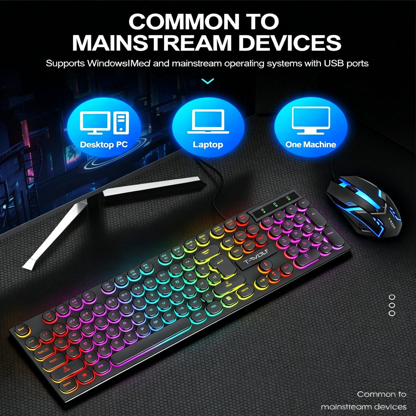 Typewriter style Mechanical feel Gaming Keyboard,Wired,RGB Backlit,Round Keycaps Mouse and Keyboard Bundle Waterproof 104-Key