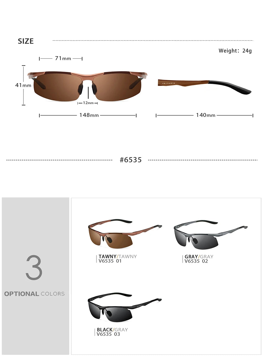VEITHDIA Men's Sunglasse Outdoor Polarized UV400 Lens Rectangle Rimless Driving Fishing Sun Glasses Sports Eyewear For Male 6535