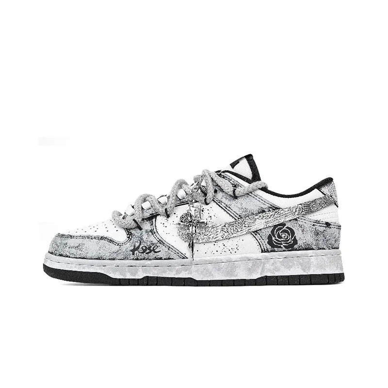 Custom Sneakers Nike Dunk "Silver Bloom Rose" Ink Wash & Splatter Wear-Resistant Low-Top Unisex Skate Shoes