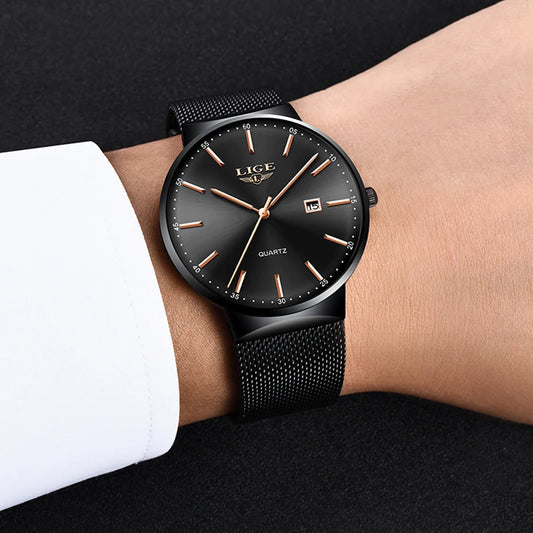 Pánské hodinky LIGE, elegantní a luxusní model, ultratenké, vodotěsné, s řetízkovým řemínkem, quartzovým strojkem, ukazatelem data a kalendářem – ideální pro profesionální styl.