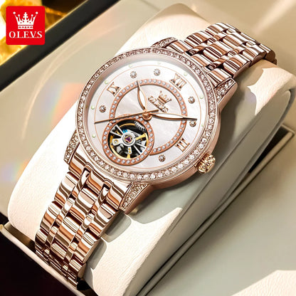 OLEVS Women's Watches Starry Sky Design Automatic Watch for Women Stainless Steel Flywheel Hollowed Ladies Mechanical Watch 7036