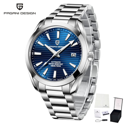 Relógio de luxo para homem PAGANI DESIGN – Modelo automático mecânico (calibre 8215), em aço inoxidável, estanque, com indicador de data e ponteiros luminescentes