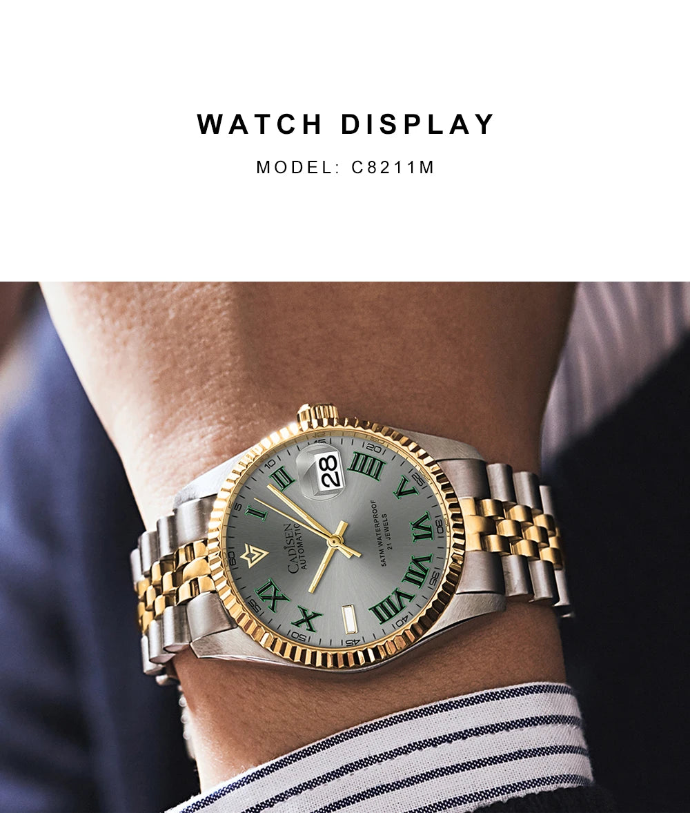 CADISEN 38MM Men's Automatic Mechanical Watch Luxury AR Sapphire Glass Water Resistant Stainless Steel MIYOTA 8215 Reloj Hombre