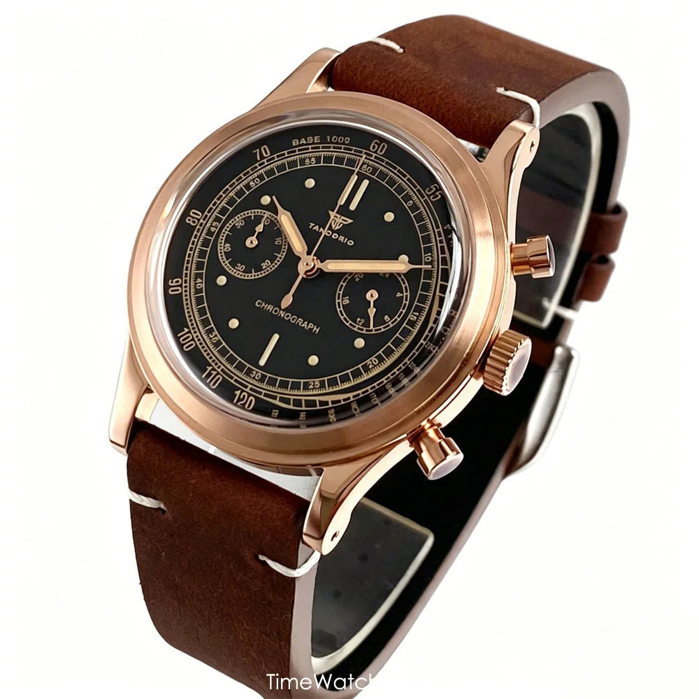 38mm Tandorio Retro Men's Watch Sport Watches Miyota OS20 Movement Chronograph Quartz Clock Black Dial Bubble Arched Glass