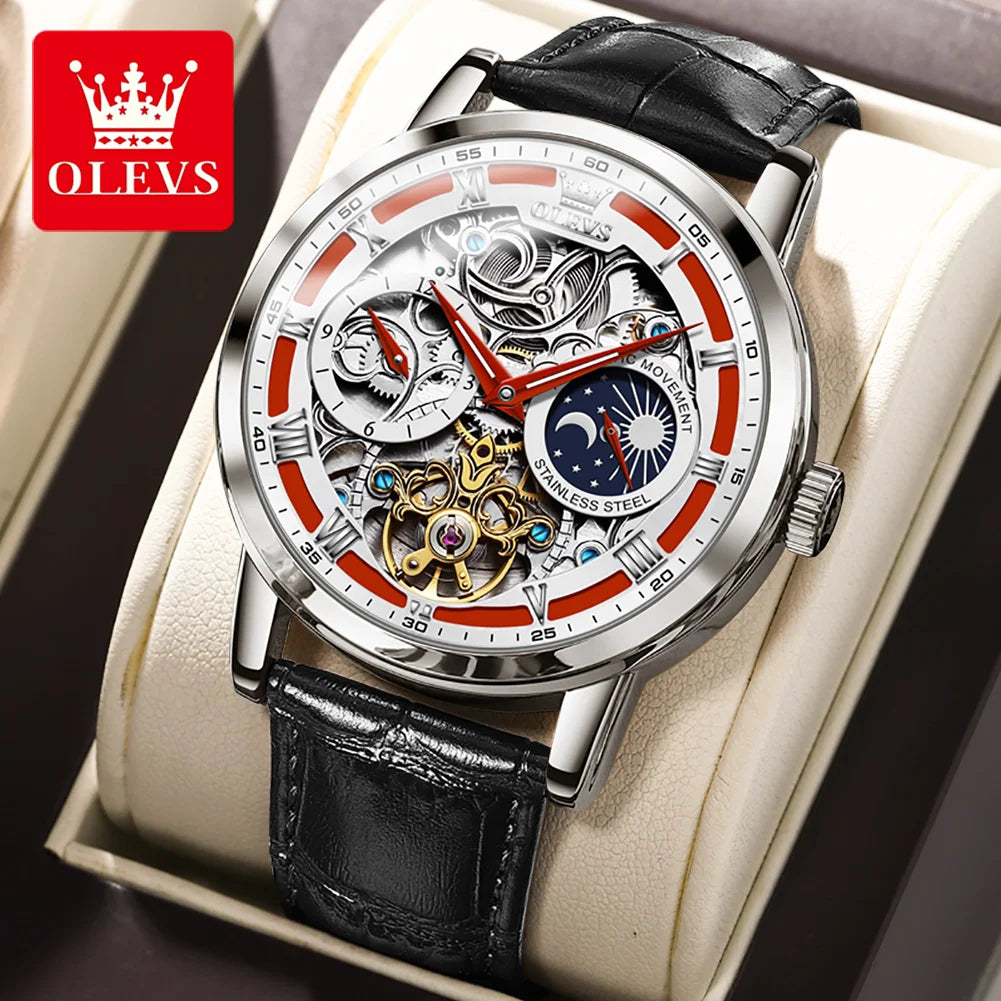 OLEVS Top Brand Men's Skeleton Mechanical Watch Waterproof Leather Strap Men Moon Phase Automatic Tourbillon Wristwatch for Men