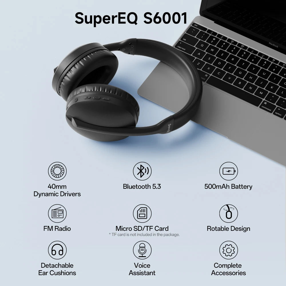 OneOdio SuperEQ S6001 Bluetooth Headphones Over-Ear Wireless HiFi Stereo Headphones with Bluetooth 5.3, TF Card, FM Radio & Microphone