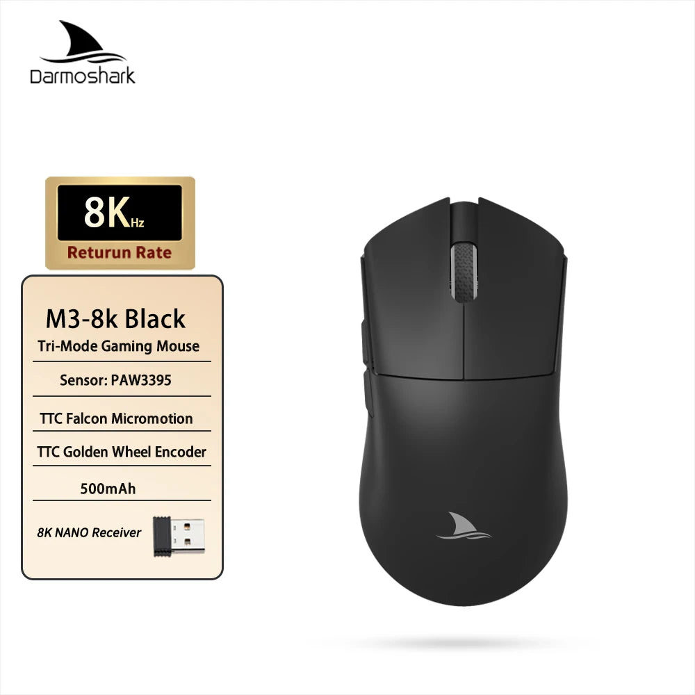 Souris gaming sans fil Darmoshark M3 V2 Tri-Mode 8K, capteur PAW3395, 26K DPI – Souris gaming ultra-légère pour PC et ordinateur portable
