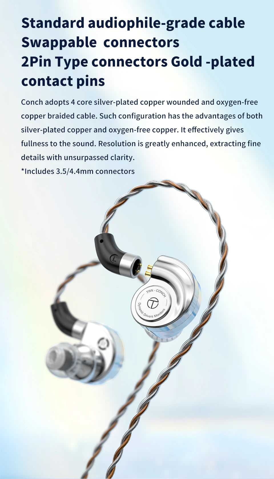 TRN Conch In-Ear Monitor Earphones – DLC Diamond Diaphragm Dynamic Driver HiFi Wired Earbuds with Tuning Nozzle Filters