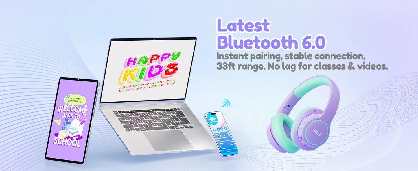 Acer Kids Bluetooth 6.0 Headphones with Mic, 75H Playtime, 85dBA Safe Volume Over-Ear Wireless Headphones, USB-C Fast Charging for iPad, Tablet & School