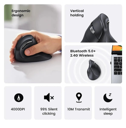 Draadloze muis Bluetooth 5.0 2.4G ergonomisch 4000DPI 6 stille knoppen voor MacBook, tablet, laptops, computer en pc
