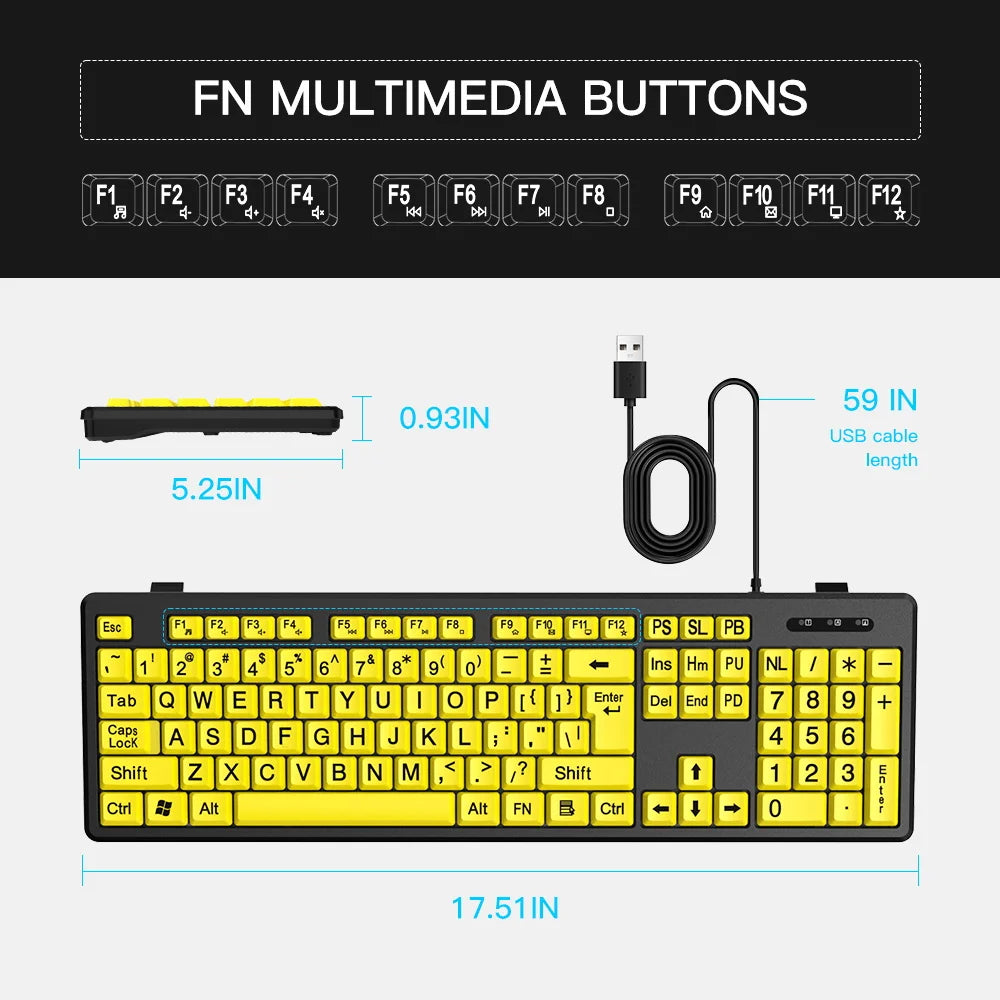 Wired Keyboard Yellow Large Character Keyboard for Elderly,High Compatibility USB Plug-and-Play Large Key Design, High Contrast
