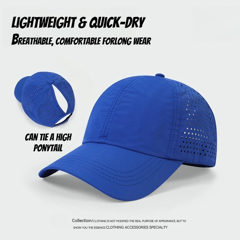 1 unidad de gorras de béisbol con lengüeta de secado rápido para mujer, protección de verano, malla transpirable, gorra transpirable, elegante y ajustable, ideal para llevar la coleta.