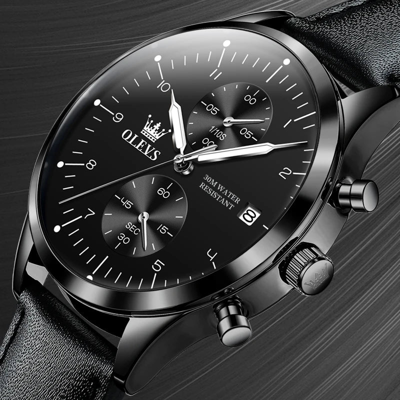 Zegarek męski OLEVS 2880 – elegancki i minimalistyczny chronograf, skórzany pasek, automatyczne wyświetlanie daty, wodoodporny, luminescencyjne wskazówki, mechanizm kwarcowy.