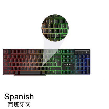 Spanish Keyboard with Ñ Russian Keyboard ISO 100% Layout 104 Keys Spanish Russian Gaming Keyboard Mouse Kit Backlight Wired T20